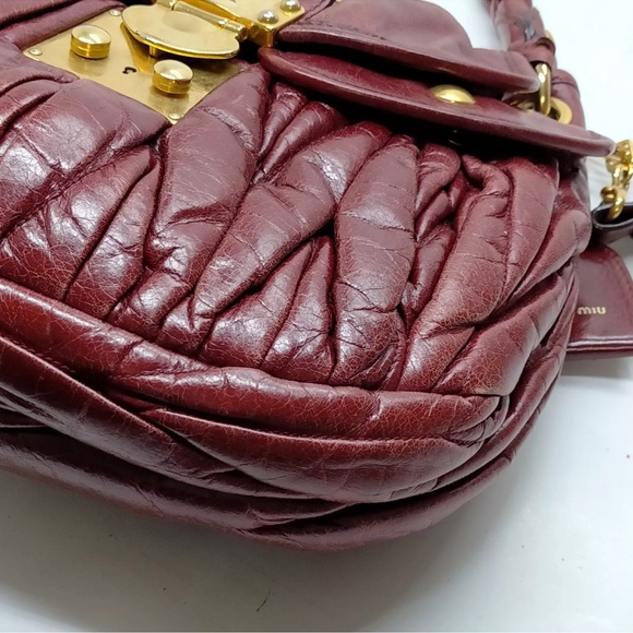 Authentic Miu Miu 2 way Shoulder Handbag Maroon Leather GHW Vintage Preowned - Picture 6 of 9